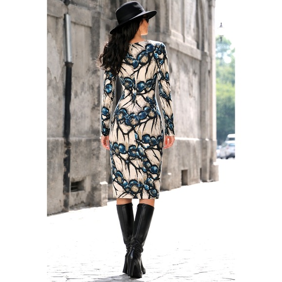 Joseph Ribkoff Abstract Artsy Twist Knot Front Long Sleeve Sheath Dress 8 - Picture 2 of 10